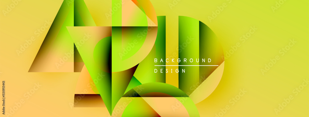 Poster Abstract geometric layers create vibrant yellow background. Modern design features overlapping shapes, gradients, text elements.