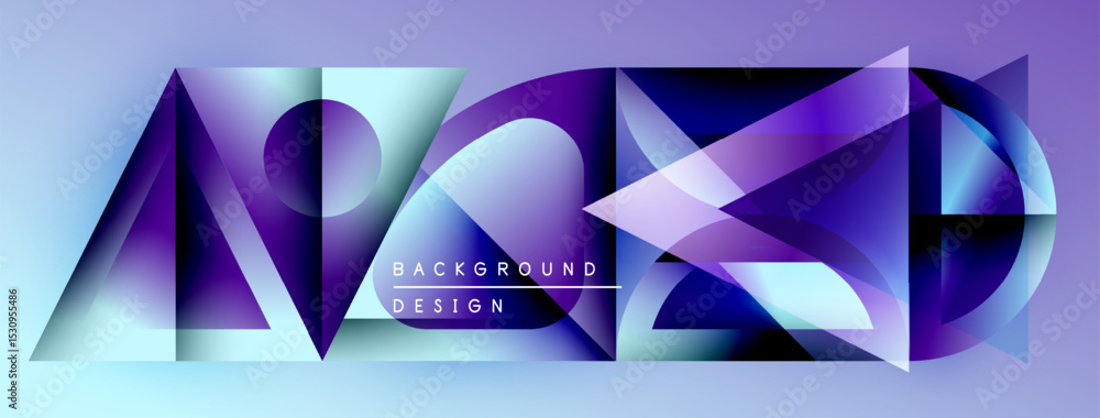 Poster Abstract geometric design. Purple, blue hues dominate composition. Modern style, dynamic shapes create visual interest. Background element.