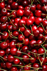 Cherries background. Top view of fresh red cherries.