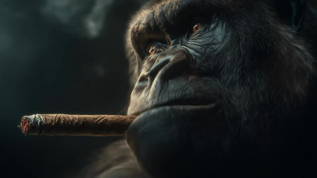 Gorilla portrait smoking cigar dark tone contemplative expression dramatic closeup wildlife photography