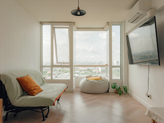 Green sofa bed with brown pillow in cozy living apartment.