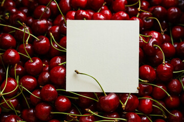 Cherries with a blank card for your text, top view