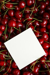 Cherries with a blank card for your text, top view