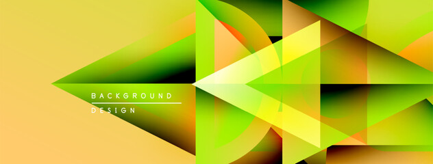 Abstract geometric shapes overlap, creating vibrant yellow, orange, green gradients. Modern design suggests energy, movement, innovation.