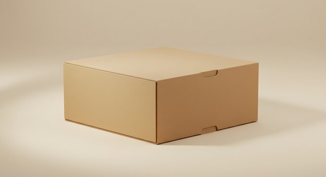 Minimalist cardboard box mockup on beige background, product presentation concept