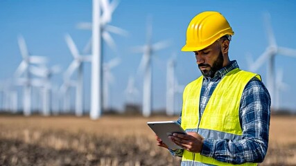 Wind Turbine Technician: A focused technician in a high-visibility vest and hardhat uses a tablet to monitor wind turbines in a vast field. The scene conveys efficiency and renewable energy. - Powered by Adobe