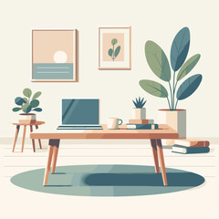 Fototapeta premium Modern home office setup with laptop, plants, and artworks 