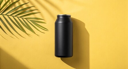 Matte Black Can on Vibrant Yellow Background with Palm Shadow Tropical Beverage Packaging Mockup for Summer Branding Designs