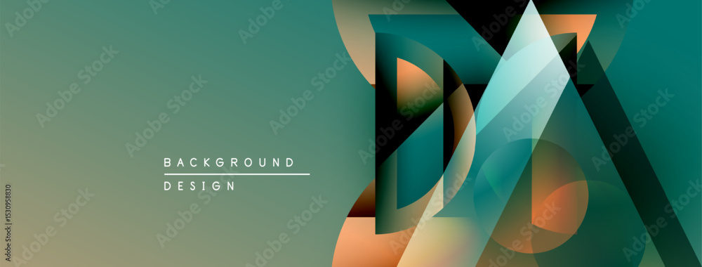 Aufkleber Abstract geometric shapes overlap, creating dynamic teal, orange gradients. Modern design elements suggest innovation, fluidity. Background features text labels.