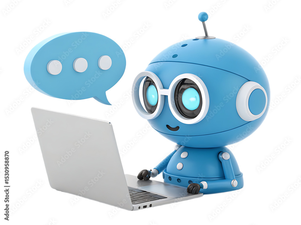 Poster blue robot with glasses using a laptop and a speech bubble on a black isolated background image