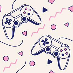 Game seamless pattern. Repeating design element for printing on fabric. Bright and neon controllers set. Minimalist creativity and art. Video game and .
