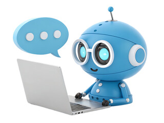 Blue robot with glasses using a laptop and a speech bubble on a black isolated background image