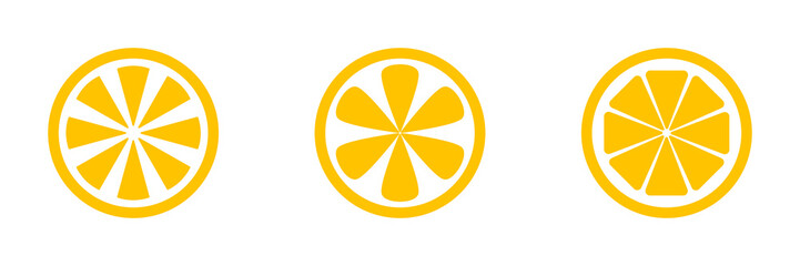 Citrus Fruit Slice Icons – Outline, Color, and Silhouette Versions. The set includes a black outline version, a vibrant yellow filled version, and a solid black silhouette.