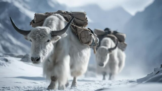 Majestic white yaks carrying packs on snowy mountain landscape