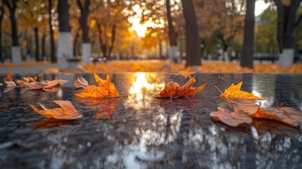 Autumn leaves reflecting on a park bench
