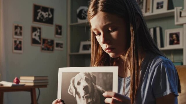 Sad girl holding photo of her dog, childhood grief and emotional loss of a beloved pet