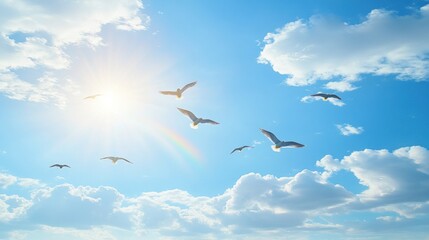 Beautiful birds soaring through a vibrant blue sky filled with fluffy white clouds.