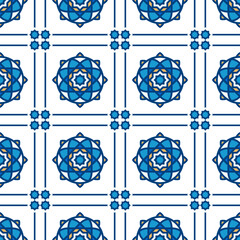 seamless symmetrical, geometric mediterranean ceramic, porcelain tiles design pattern and background vector illustration