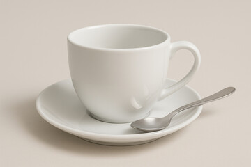 Obraz premium Ceramic Coffee Cup on Saucer with Spoon – Minimalist Homeware E‑Commerce Product Shot
