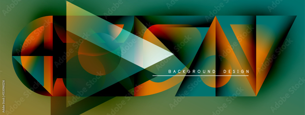 Fototapete Abstract geometric shapes overlap, creating dynamic composition. Gradient colors blend, forming modern design element. Text reads background design.