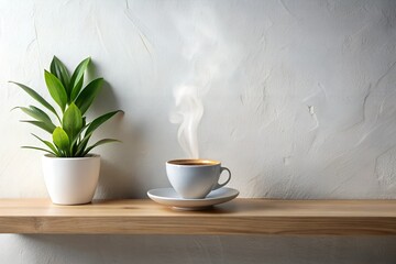 A minimalist interior scene featuring small green potted plants with broad leaves and warm coffee, neatly placed on a wooden floating shelf. The backdrop is a clean and textured white wall