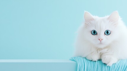 Cute white cat with blue eyes resting on a turquoise blanket