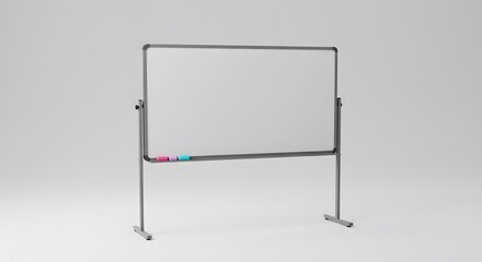 Obraz premium Blank mobile whiteboard on a metal stand with colorful markers on the tray. A clean slate for office presentations, education, and brainstorming ideas.