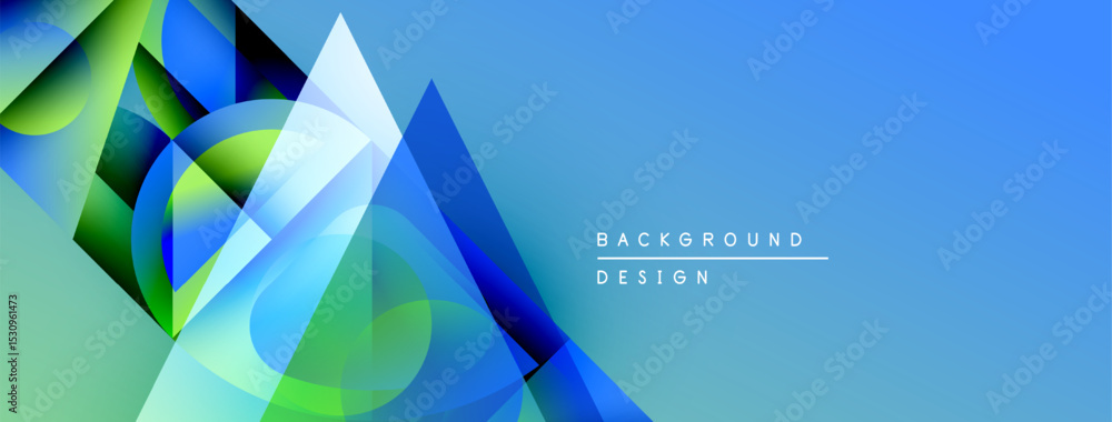 Poster Abstract geometric shapes overlap, creating vibrant blue, green gradients. Background features text background design. Modern, clean aesthetic.