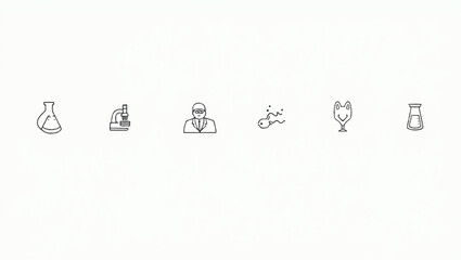 Line icon set featuring various laboratory equipment and science tools including a microscope, beakers, a scientist, test tubes, molecules, and a lab mouse on a white background.