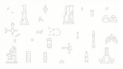 Minimalist line icon set in light grey depicting lab tools and science elements such as beakers, microscope, test tubes, lab mice, stomach, and molecule structures on a white background.