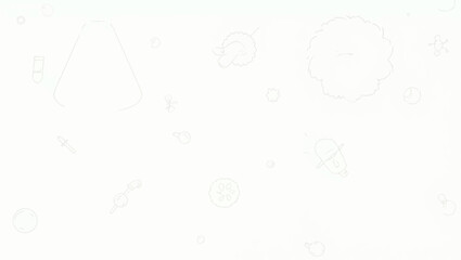 Minimalist line icon set in light grey depicting lab tools and science elements such as beakers, microscope, test tubes, lab mice, stomach, and molecule structures on a white background.