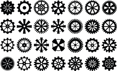 Mechanical Gear Icons Set,  engineering symbols, sprocket designs, abstract gearwheel graphics, Industrial Vector Silhouettes collection