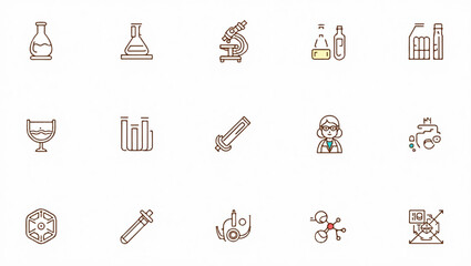 Line icon set featuring various laboratory equipment and science tools including a microscope, beakers, a scientist, test tubes, molecules, and a lab mouse on a white background.