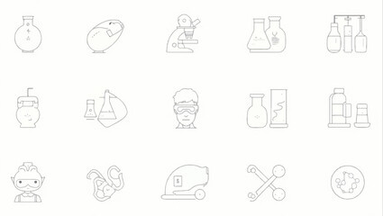 Minimalist line icon set in light grey depicting lab tools and science elements such as beakers, microscope, test tubes, lab mice, stomach, and molecule structures on a white background.