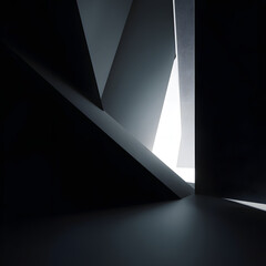 A black and white photo of a room with a light shining through a window