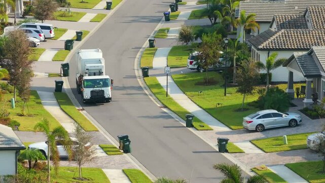 American garbage truck picking up trash bins on rural street side