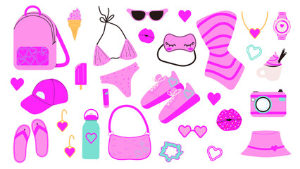 Pink fashion set sticker pack. Pink aesthetic set with accessories and clothes. Cartoon isolated vector illustration.	