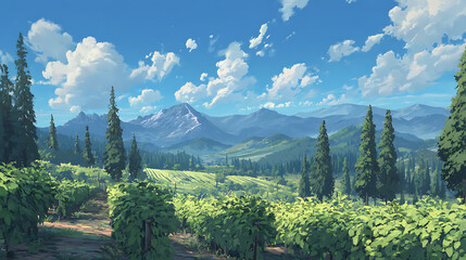 Lush vineyard landscape under a bright blue sky with majestic mountains in the background