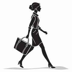 Silhouette of a fashionable woman walking in heels holding a handbag, minimal graphic style, isolated on white background. Concept of elegance and fashion. Vector .
