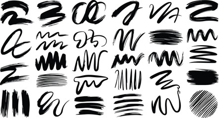 Black brush stroke set, brush stroke for ink paint, grunge design element, dirt banner, watercolor design, isolated on vector illustration