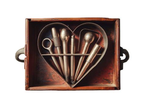 Antique medical tools in a heart shaped container inside a wooden box isolated on transparent background