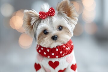 A sad cute Yorkshire terrier baby dog, dressed in warm winter clothes, is seen exhaling steam in the cold air, bringing attention to the problem of animals in cold weather and the significance of