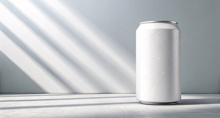 Minimal White Beverage Can with Sunlight Shadows Clean Drink Packaging Mockup for Modern Branding and Product Label Presentation