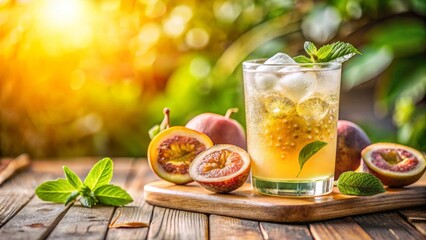Refreshing Iced Passion Fruit Beverage with Mint Garnish on Rustic Wooden Surface