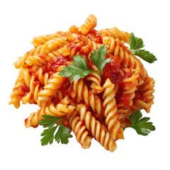 Close up shot of a pile of fusilli pasta with tomato sauce and parsley on a black background