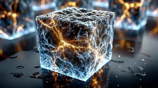 Luminous ice cube with electric energy patterns on a dark surface
