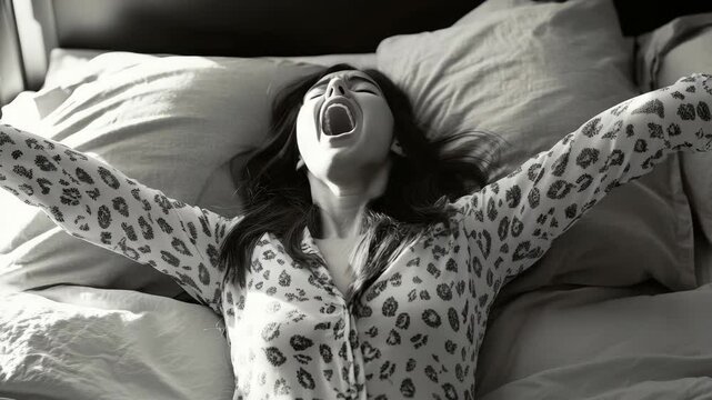 A young actress in her pajamas with wild hair, making an emotional face on a bed. Wide-eyed expression. Emotional scene.
