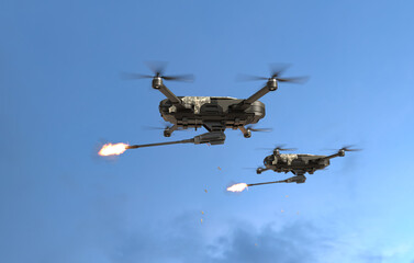 Armed drone firing in the sky, Futuristic aerial attack drone. 3D illustration