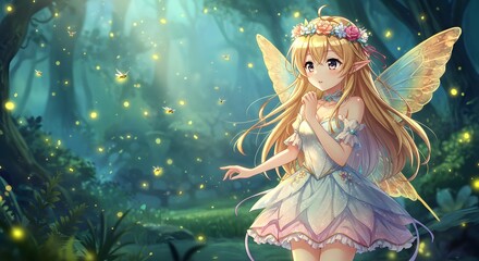 Anime Fairy in Enchanted Forest: Fantasy Illustration