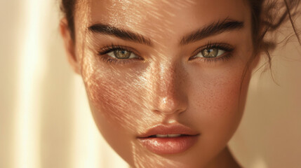 Beautiful young woman with freckles in natural golden sunlight portrait, serene confident beauty concept for summer wellness and skincare advertising